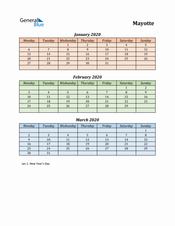 Q1 2020 Holiday Calendar - Mayotte