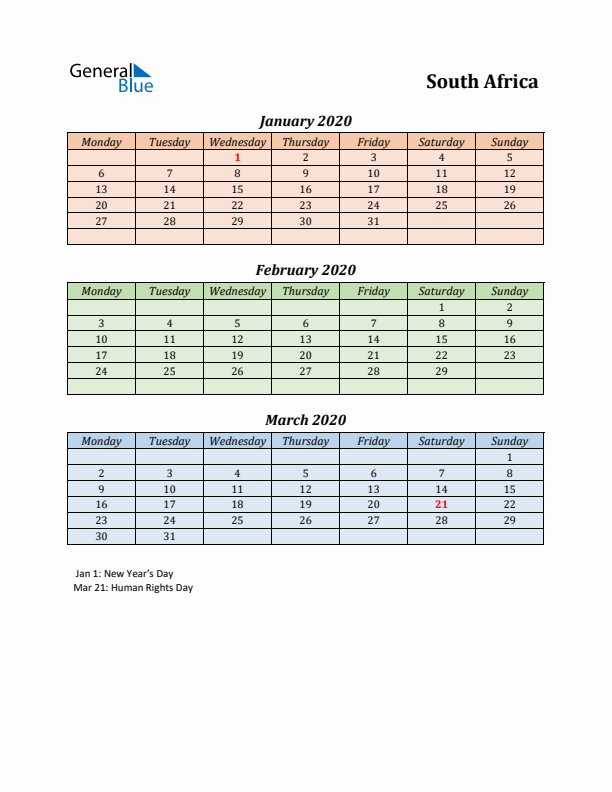 Q1 2020 Holiday Calendar - South Africa