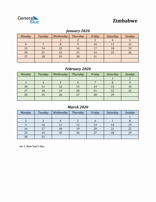 Q1 2020 Holiday Calendar - Zimbabwe