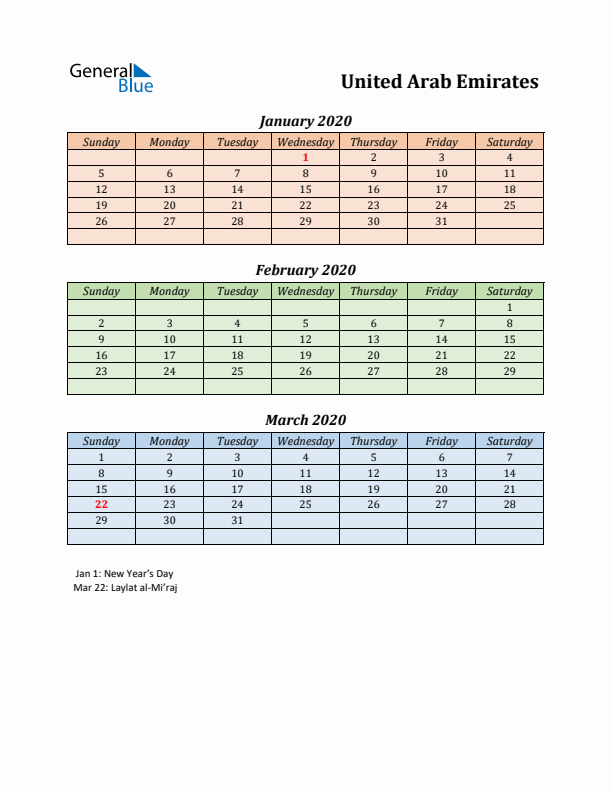 Q1 2020 Holiday Calendar - United Arab Emirates