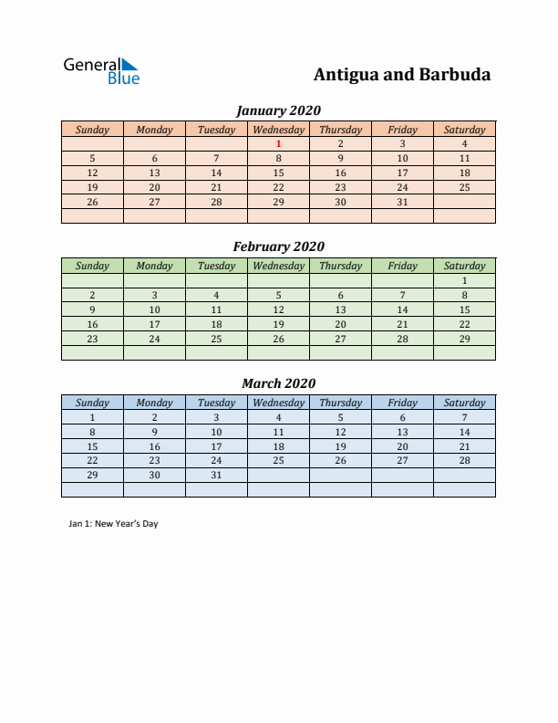 Q1 2020 Holiday Calendar - Antigua and Barbuda