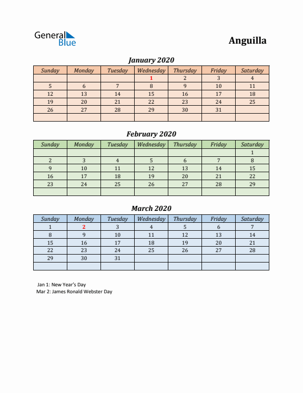 Q1 2020 Holiday Calendar - Anguilla