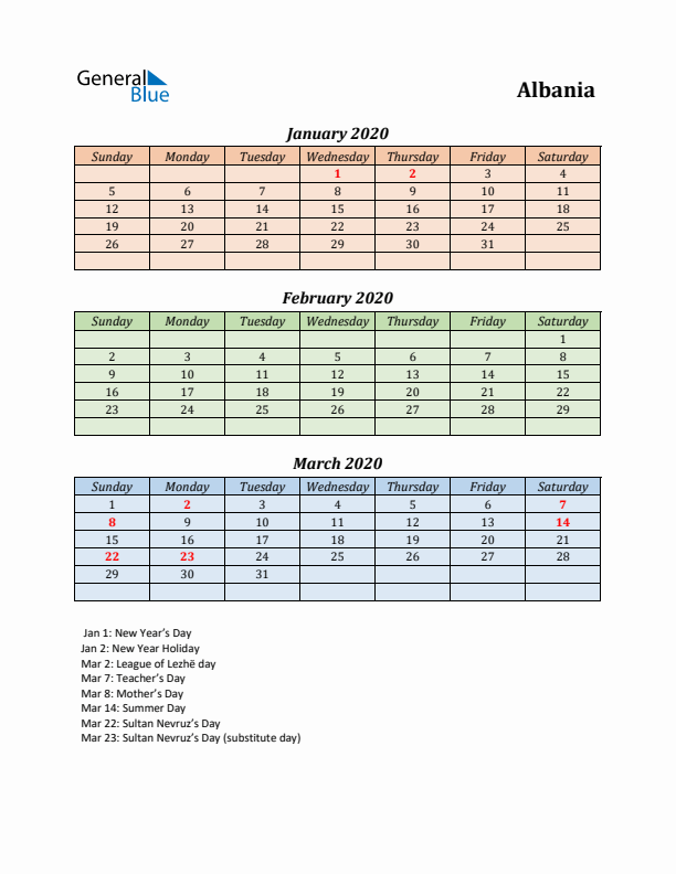 Q1 2020 Holiday Calendar - Albania