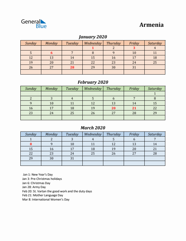 Q1 2020 Holiday Calendar - Armenia