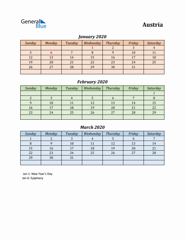 Q1 2020 Holiday Calendar - Austria