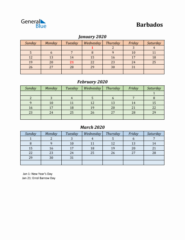 Q1 2020 Holiday Calendar - Barbados