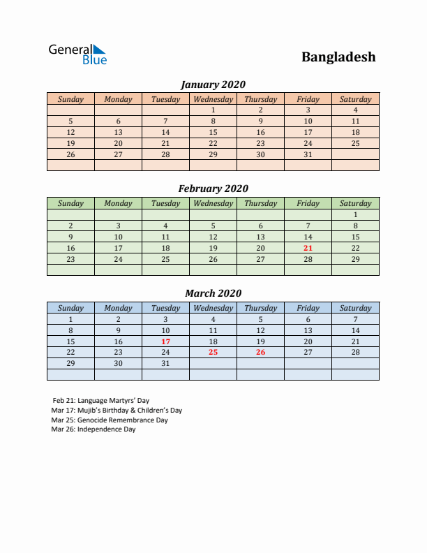 Q1 2020 Holiday Calendar - Bangladesh