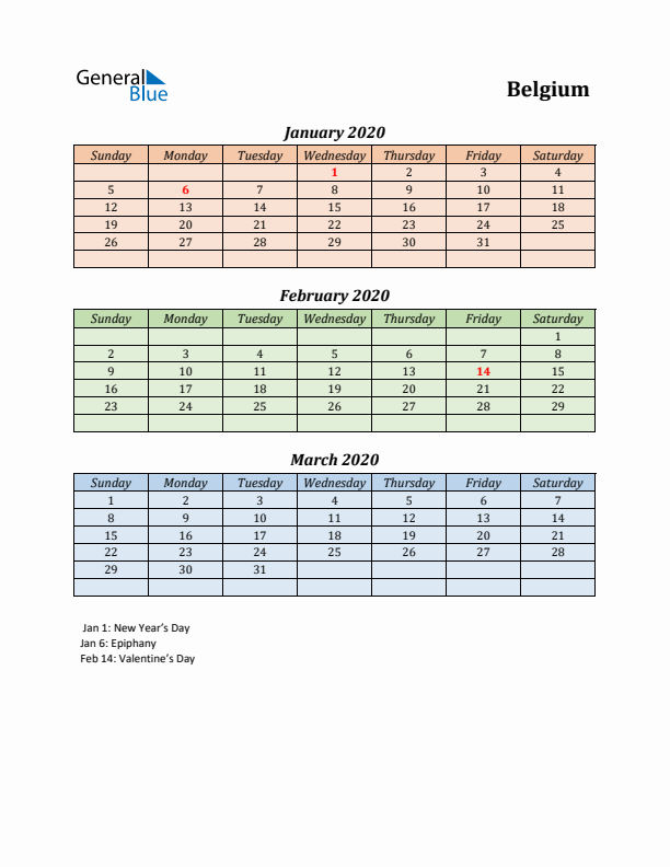 Q1 2020 Holiday Calendar - Belgium