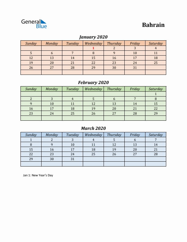 Q1 2020 Holiday Calendar - Bahrain