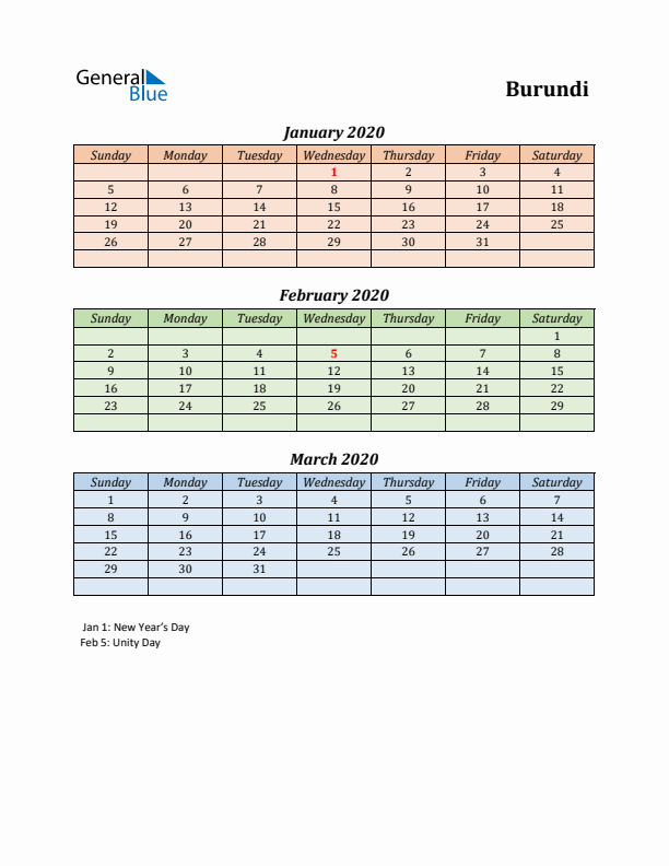 Q1 2020 Holiday Calendar - Burundi