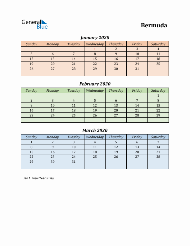 Q1 2020 Holiday Calendar - Bermuda