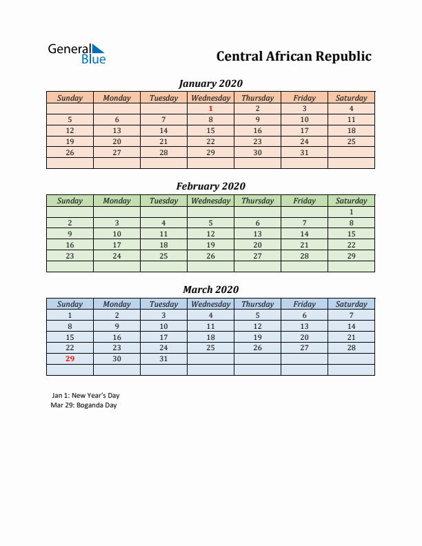 Q1 2020 Holiday Calendar - Central African Republic