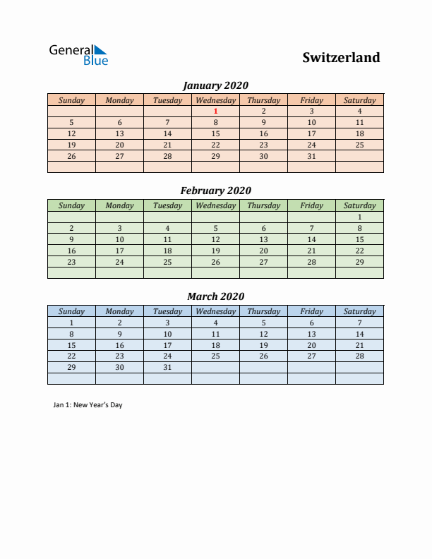 Q1 2020 Holiday Calendar - Switzerland