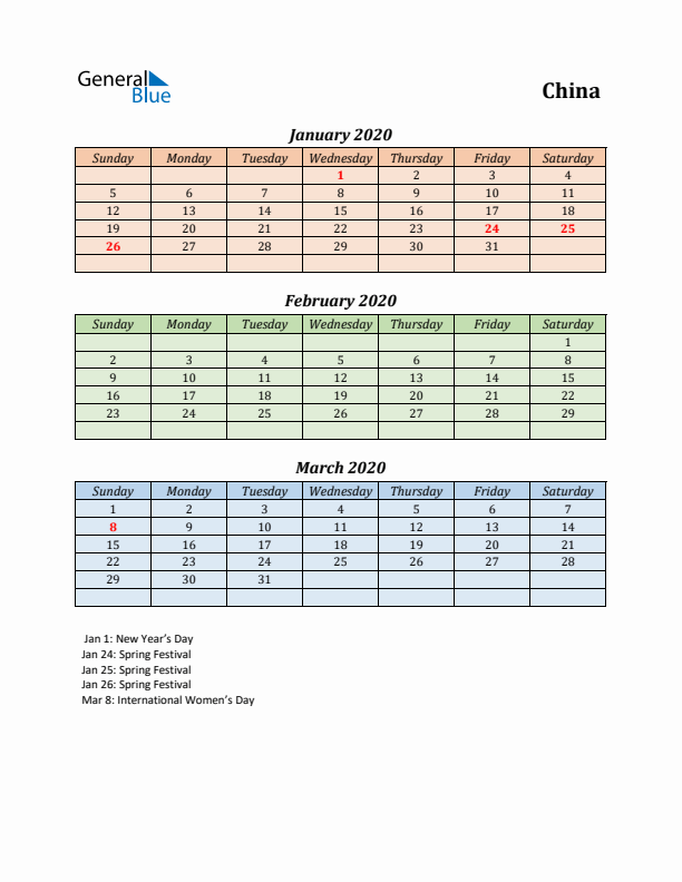 Q1 2020 Holiday Calendar - China