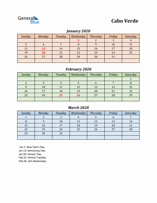 Q1 2020 Holiday Calendar - Cabo Verde