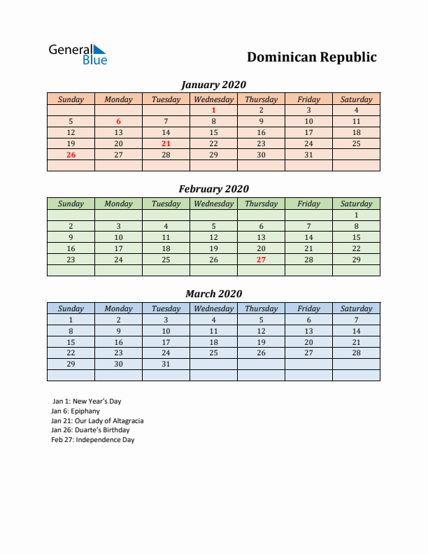 Q1 2020 Holiday Calendar - Dominican Republic