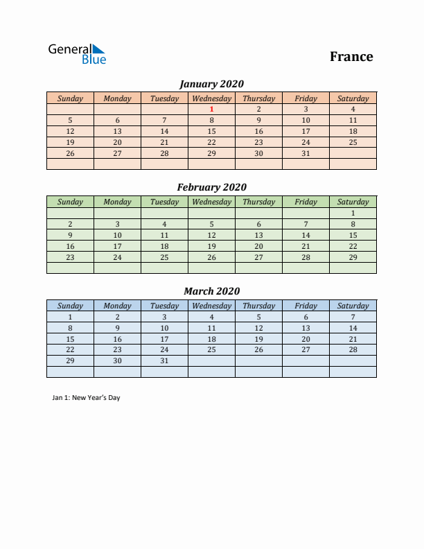 Q1 2020 Holiday Calendar - France