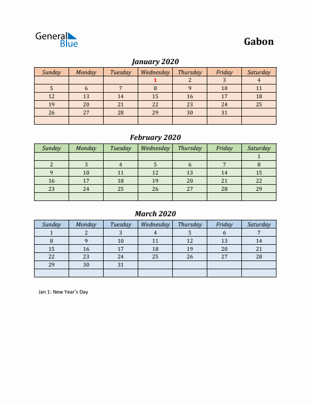 Q1 2020 Holiday Calendar - Gabon