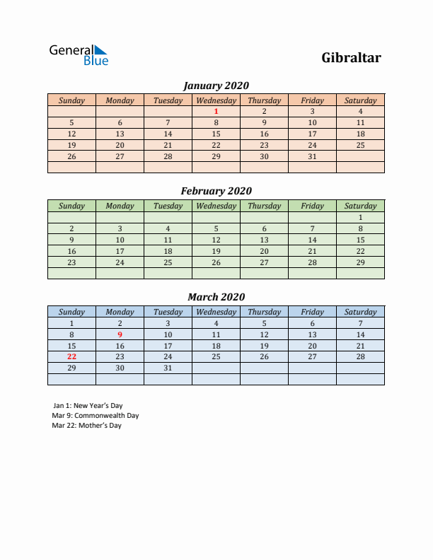 Q1 2020 Holiday Calendar - Gibraltar