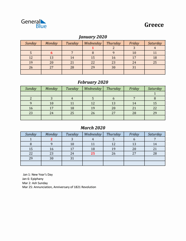 Q1 2020 Holiday Calendar - Greece