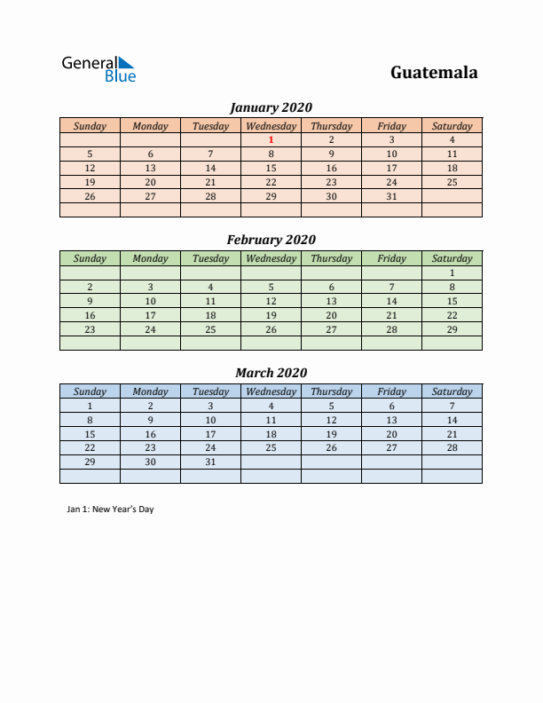 Q1 2020 Holiday Calendar - Guatemala