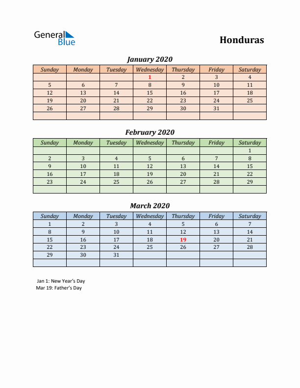 Q1 2020 Holiday Calendar - Honduras