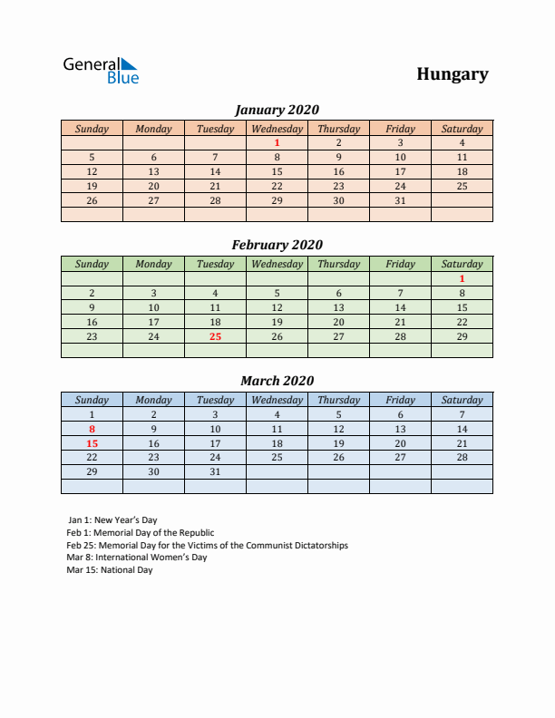 Q1 2020 Holiday Calendar - Hungary