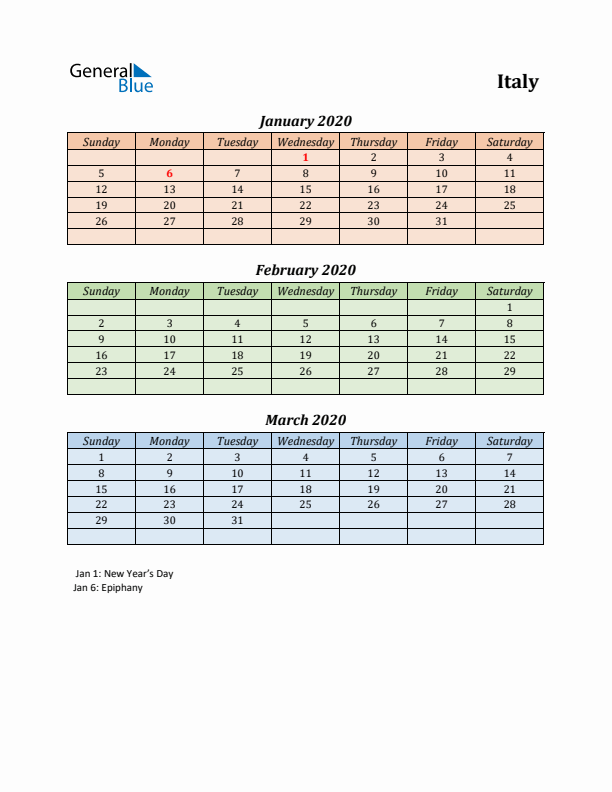 Q1 2020 Holiday Calendar - Italy