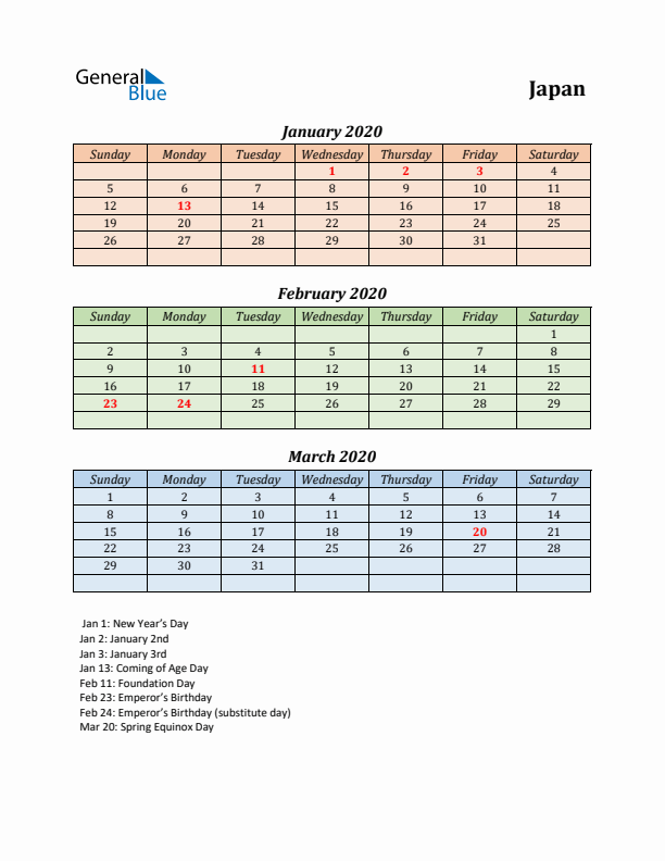 Q1 2020 Holiday Calendar - Japan