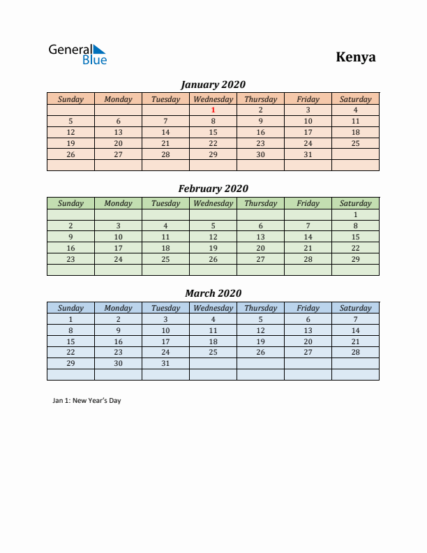 Q1 2020 Holiday Calendar - Kenya