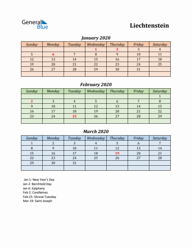 Q1 2020 Holiday Calendar - Liechtenstein