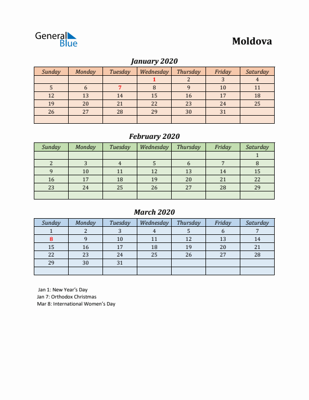 Q1 2020 Holiday Calendar - Moldova