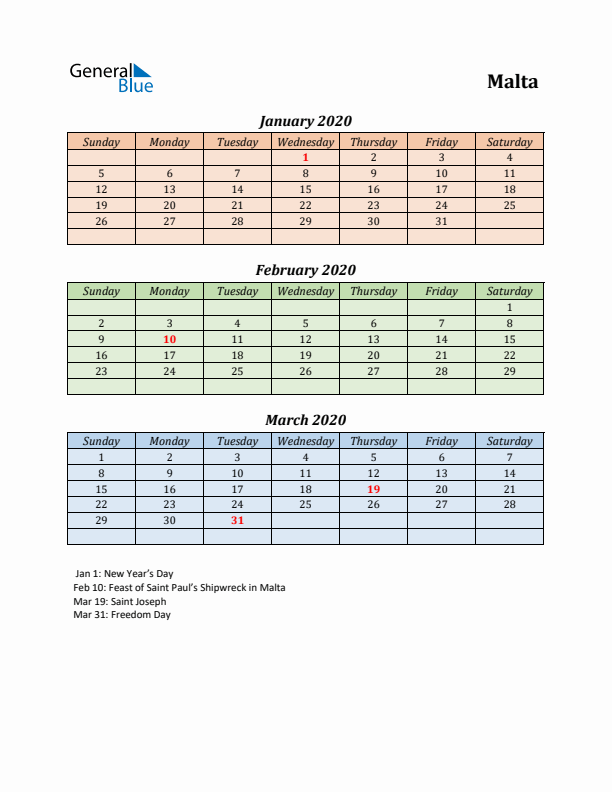 Q1 2020 Holiday Calendar - Malta