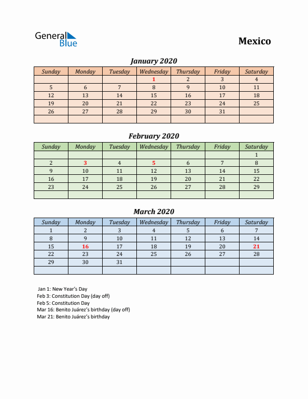 Q1 2020 Holiday Calendar - Mexico