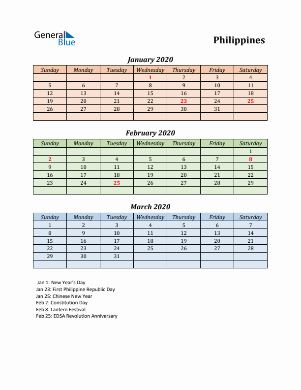 Q1 2020 Holiday Calendar - Philippines