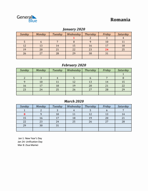 Q1 2020 Holiday Calendar - Romania