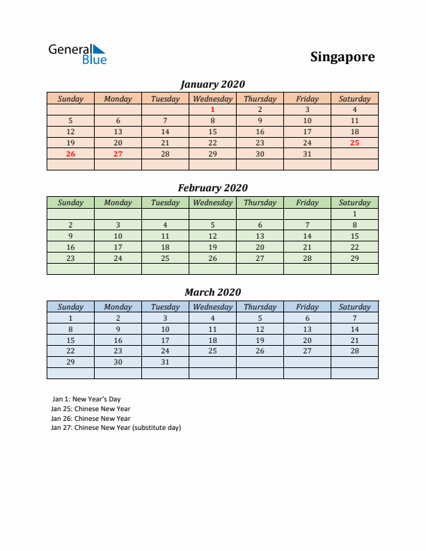 Q1 2020 Holiday Calendar - Singapore