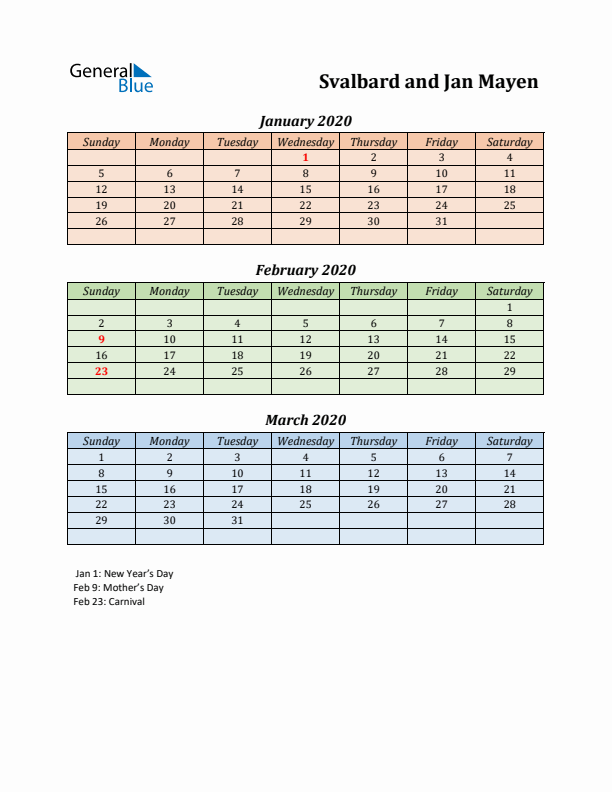 Q1 2020 Holiday Calendar - Svalbard and Jan Mayen