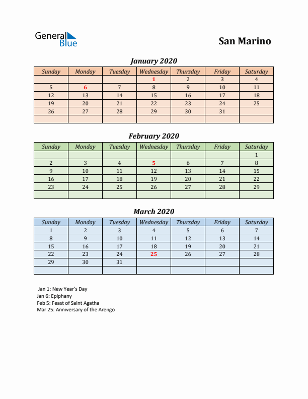 Q1 2020 Holiday Calendar - San Marino