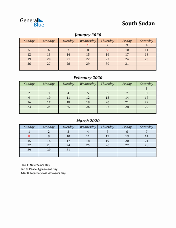 Q1 2020 Holiday Calendar - South Sudan