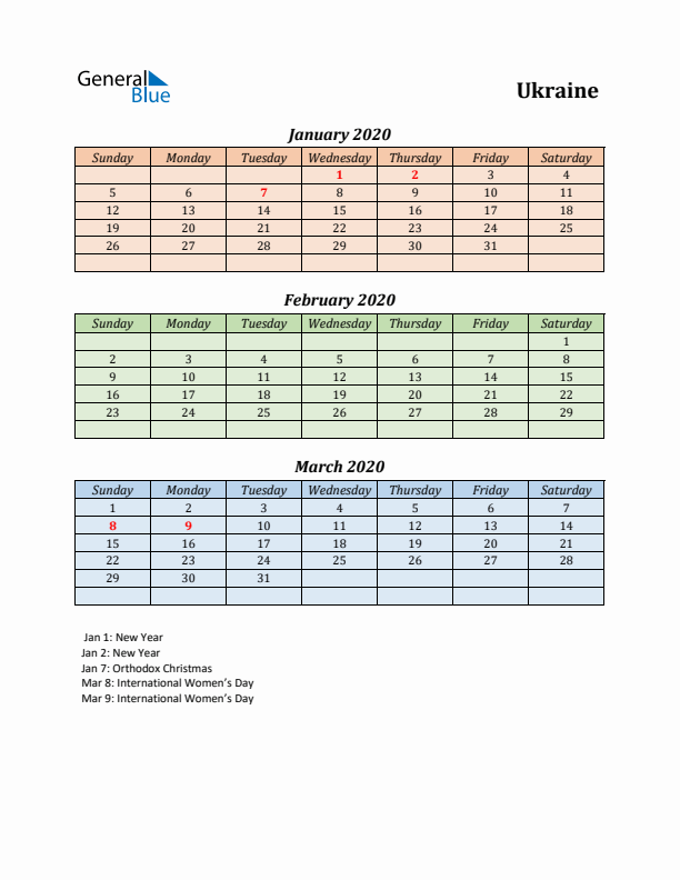 Q1 2020 Holiday Calendar - Ukraine