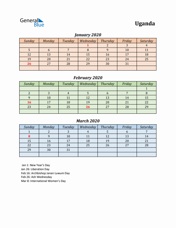 Q1 2020 Holiday Calendar - Uganda