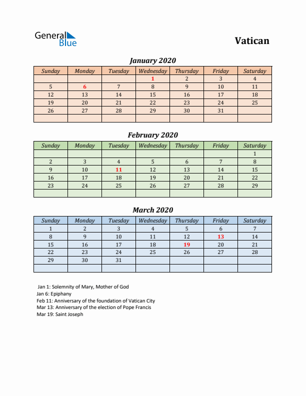 Q1 2020 Holiday Calendar - Vatican