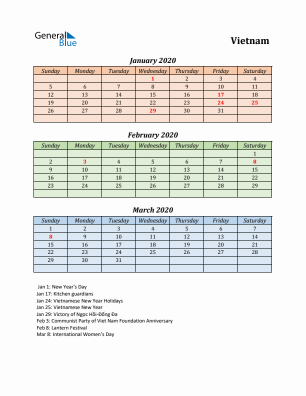 Q1 2020 Holiday Calendar - Vietnam