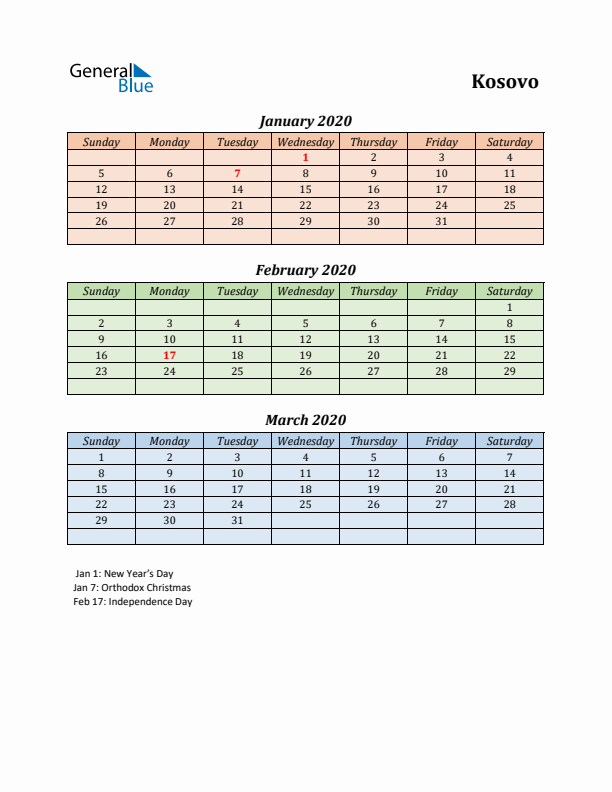 Q1 2020 Holiday Calendar - Kosovo