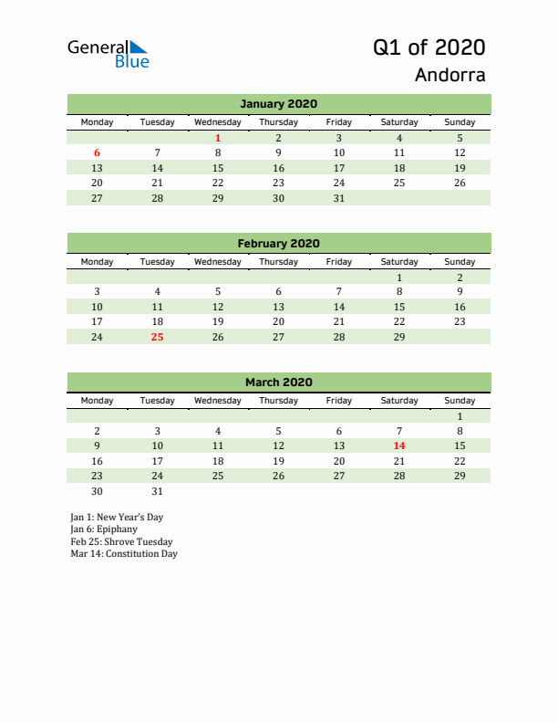 Quarterly Calendar 2020 with Andorra Holidays