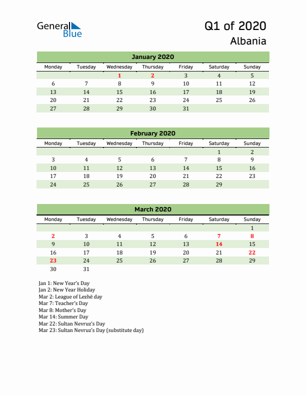 Quarterly Calendar 2020 with Albania Holidays