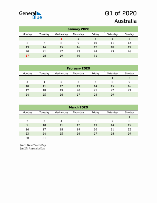 Quarterly Calendar 2020 with Australia Holidays