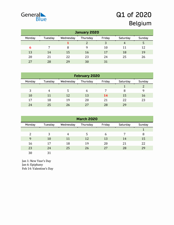 Quarterly Calendar 2020 with Belgium Holidays