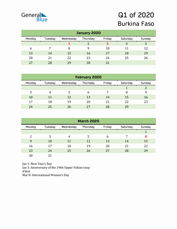 Quarterly Calendar 2020 with Burkina Faso Holidays